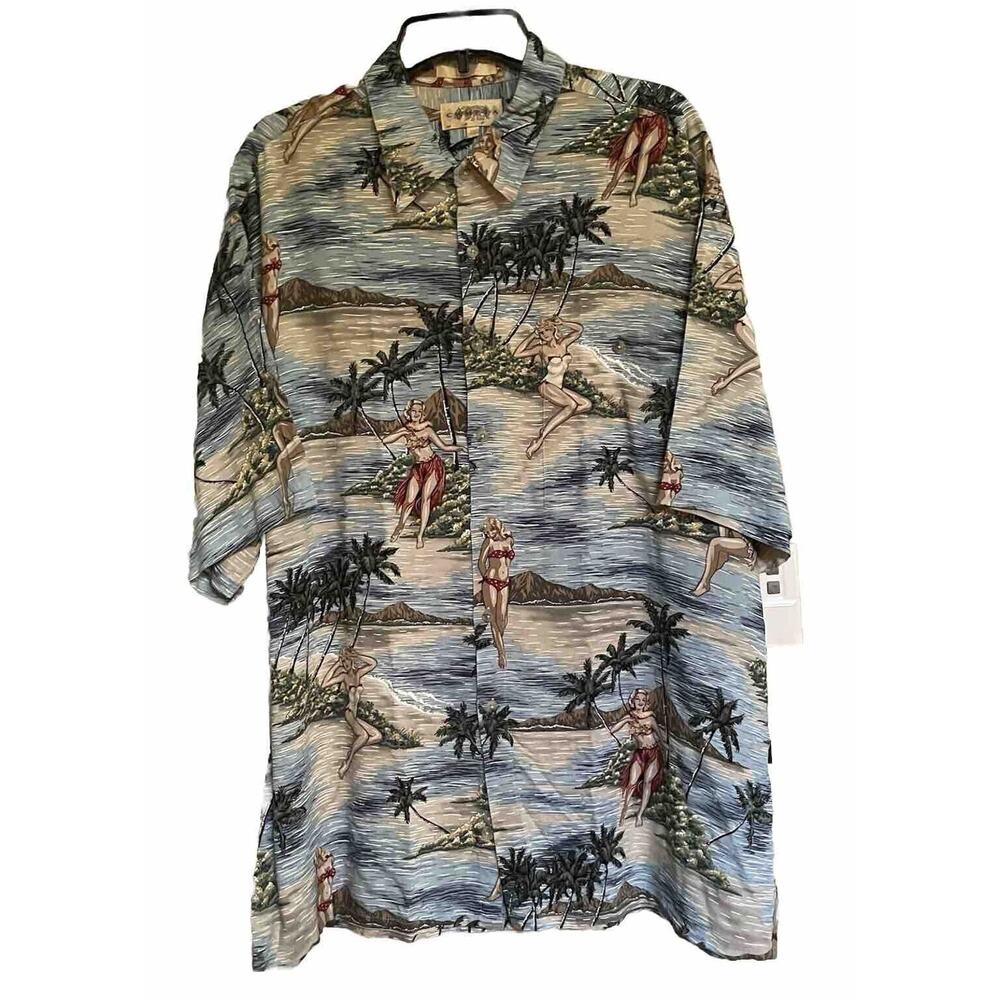 Campia Moda Shirt Hawaiian Luau Girl Beach Palm Button Up Camp Mens‎ XL
